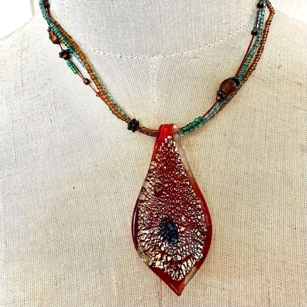 Red glass multi strand pendant necklace